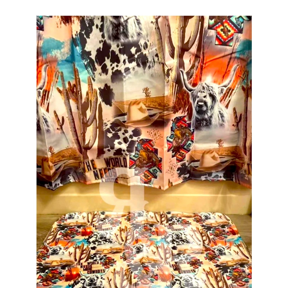 “The World Needs More Cowboys” boutique shower curtain and hooks